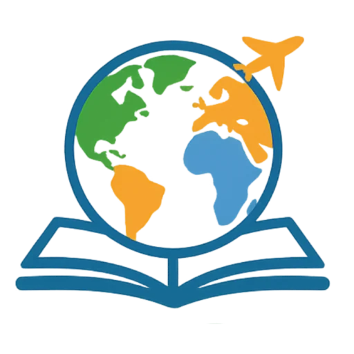 Logo-Icon von Sprachenreise: Ein stilisiertes offenes Buch mit einer bunten Weltkugel darauf in Grün, Blau und Orange. Darüber fliegt ein kleines orangefarbenes Flugzeug.