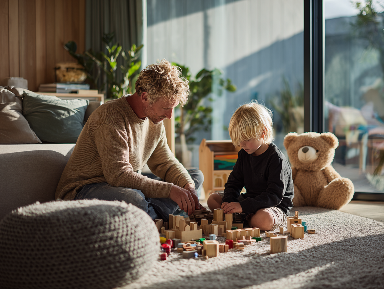 Wie Kinder Sprachen lernen. Ein blonder Junge spielt mit seinem Vater
